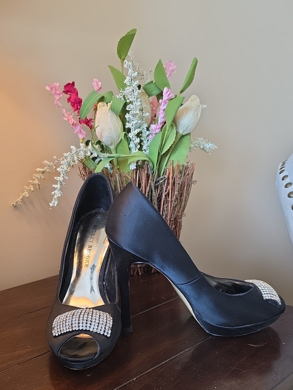 Audrey Brooke Black Satin Peep-Toe Heels with Crystal Band